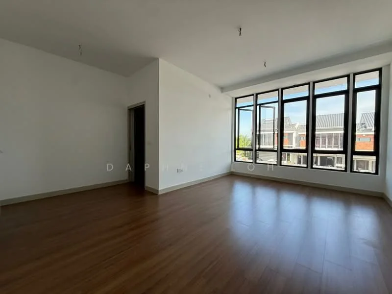 Room features: white painted walls, laminate flooring, large floor-to-ceiling windows, natural light, neutral color scheme, no visible furniture, high ceiling, doorway leading to another room; style: modern; view: garden.