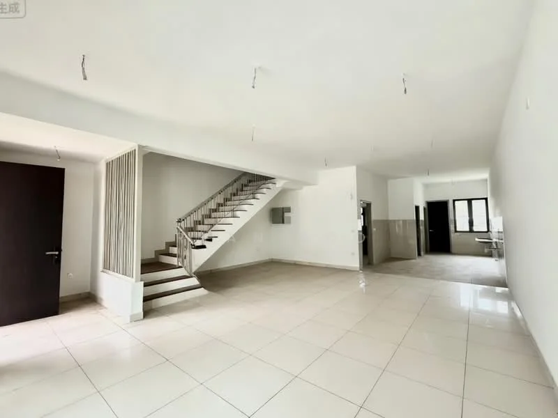 Living features: white painted walls, glossy ceramic tile flooring, recessed downlights, staircase with wooden steps and white railing, open layout, large windows for natural light, neutral color scheme, no visible furniture; style: modern. Kitchen features: white painted walls, glossy ceramic tile flooring, kitchen cabinetry, countertop, sink, stainless-steel appliances, open layout to living area; style: modern.