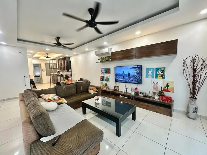 Living features: L-shape sectional sofa in brown, coffee table with glass top, wall-mounted TV, entertainment unit with wooden shelves, decorative wall art, ceiling with recessed lighting, 2 ceiling fans, white painted walls, white tiled flooring, decorative plant in vase; style: modern.
