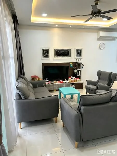 Living features: 3-seater fabric sofa in grey, 2-seater fabric sofa in grey, light blue coffee table, wall-mounted TV, TV console, ceiling fan with light, recessed downlights, white painted walls, glossy tile flooring, decorative wall art, clock on wall, curtains, shelves with decorative items; style: modern.