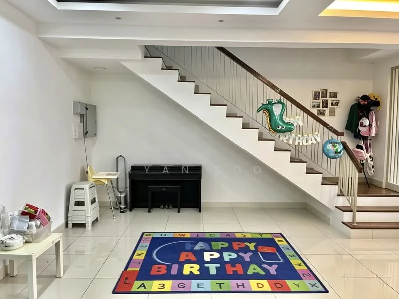 Room features: white painted walls, white ceiling with recessed lighting, marble tile flooring, staircase with wooden steps and metal railing, decorative wall art, colorful area rug with letters, black piano, plastic stool, wall-mounted photo frames, hanging decorations; style: modern.