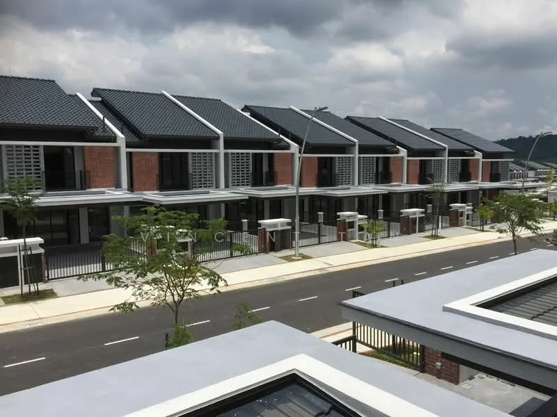 Exterior type: linked terrace house; features: two-storey linked terrace houses, grey tiled roof, red brick facade, horizontal louvre screens, manicured landscaping, paved walkway, street view with trees, modern architectural design; style: modern.