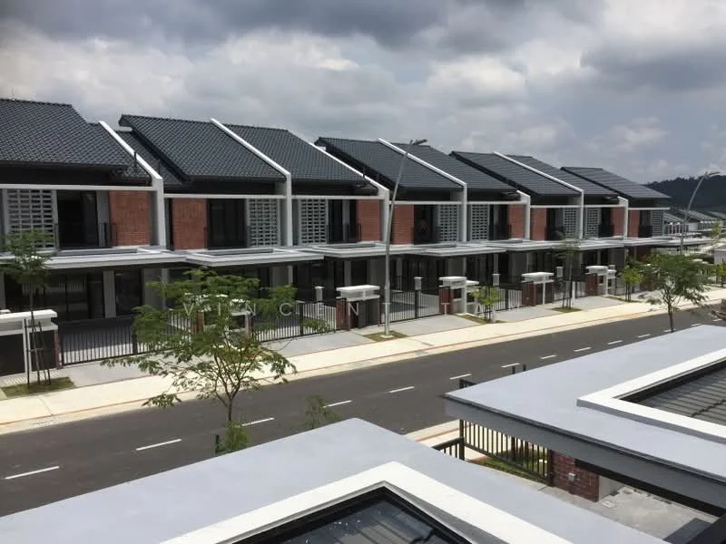 Exterior type: linked terrace house; features: red brick facade, white painted facade, pitched tile roof, solar panels on roof, manicured landscaping, paved walkway, front porches, multiple storeys, gated entry, street view with trees; style: modern.