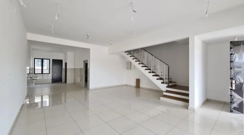 Living features: white painted walls, glossy ceramic tile flooring, staircase with wooden steps and white railing, recessed downlights, large windows for natural light, open layout, no visible furniture, neutral color scheme; style: modern. Kitchen features: white painted walls, glossy ceramic tile flooring, open layout to living area, no visible appliances, no cabinetry visible, large window for natural light; style: modern.