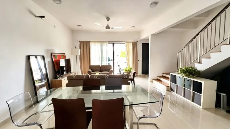 Living features: white painted walls, glossy tile flooring, 5-blade ceiling fan with light, floor-to-ceiling windows, sliding glass door, curtains, sofa in beige, glass coffee table, TV console, wall-mounted TV, decorative plants, staircase with wooden steps and metal railing; style: modern; view: garden. Dining features: glass dining table, 4 brown upholstered dining chairs; style: modern.