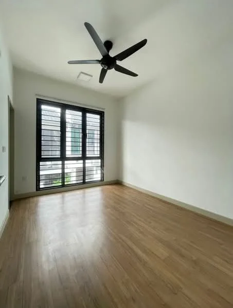 Room features: light wood flooring, white painted walls, 5-blade ceiling fan, floor-to-ceiling windows, black window grills, natural light from windows; style: minimalist; view: garden.