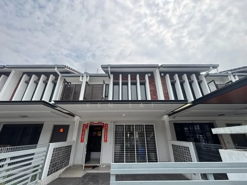Exterior type: linked terrace house; features: white painted facade, red brick accents, horizontal louvre screens, sliding glass door, grill gate at entrance, manicured walkway, two-storey structure, overhanging eaves, front porch area, decorative lanterns, multiple windows, modern architectural design; style: modern.