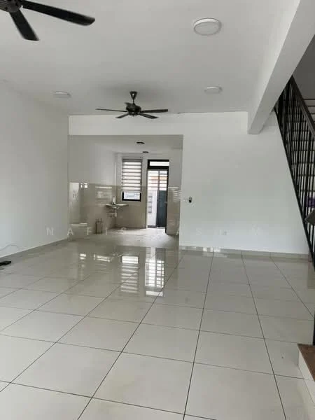 Living features: white painted walls, ceramic tile flooring, 5-blade ceiling fan, recessed downlights, large windows, open layout, staircase visible, neutral color scheme; style: modern. Kitchen features: white cabinetry, ceramic tile flooring, kitchen counter, sink, stainless-steel appliances, open layout to living area; style: modern.