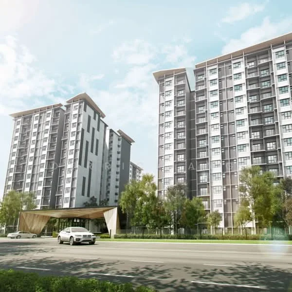Exterior type: high-rise condominium; features: modern facade with a mix of grey and white, flat roof, approximately 10-storey high-rise, large windows, balconies on upper floors, landscaped greenery in front, driveway leading to main entrance, covered entrance with wooden overhang, surrounded by trees, urban context with road in front; style: modern.