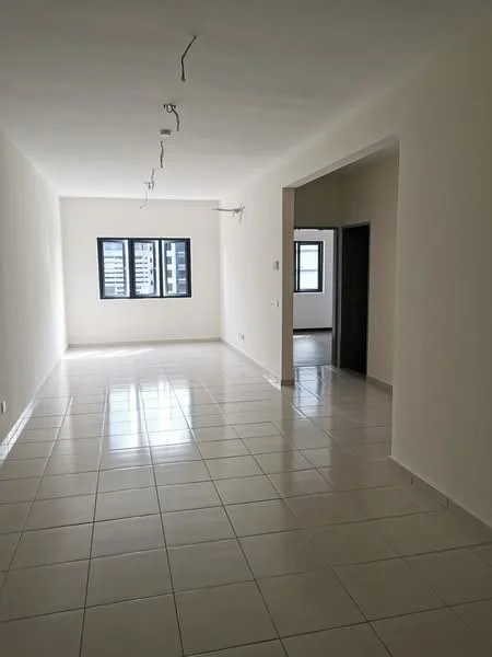 Room features: white painted walls, glossy ceramic tile flooring, recessed ceiling lights, large windows, neutral color scheme, open layout, doorway leading to another room, no visible furniture; style: modern; view: city.