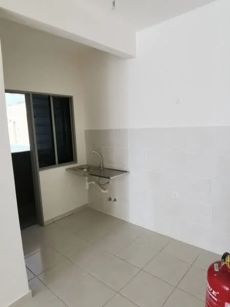 Room features: white tiled walls, light grey floor tiles, stainless-steel sink, wall-mounted faucet, window with black frames, fire extinguisher, empty wall space, no visible cabinetry; style: minimalist.