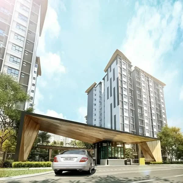 Exterior type: high-rise condominium; features: modern facade with wood accents, glass curtain wall, approximately 10-storey high-rise, landscaped entrance with trees, guard house at entrance, driveway with interlocking pavers, double-volume main lobby, feature awning at entrance; style: modern.