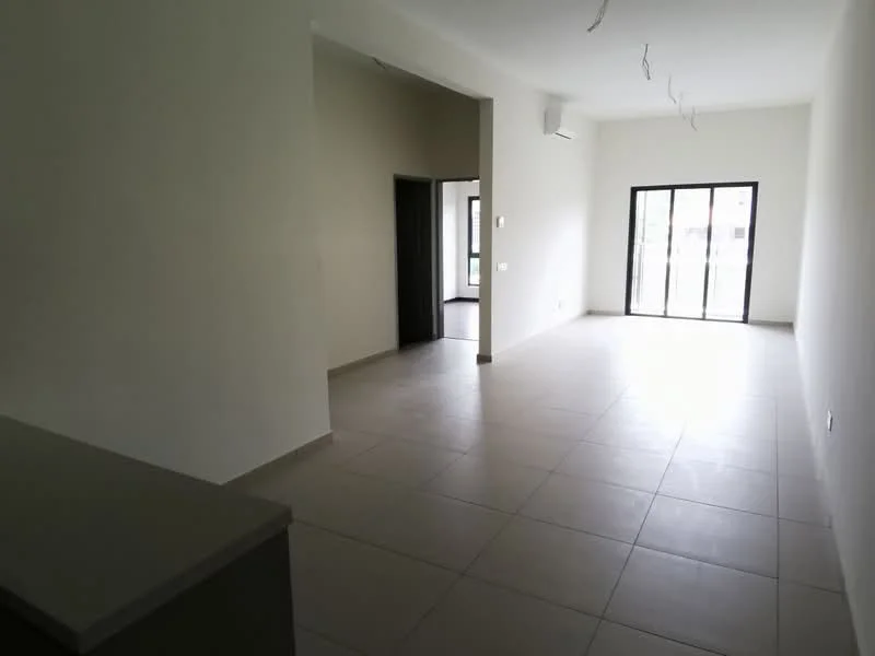 Room features: white painted walls, tile flooring, large sliding glass door, floor-to-ceiling windows, air conditioning unit, recessed ceiling lights; style: modern; view: garden.