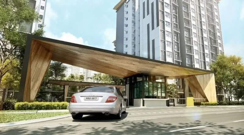 Exterior type: high-rise condominium; features: modern entrance with wooden canopy, guard house at entrance, landscaped greenery, paved driveway, surrounded by trees, multi-storey building, glass facade, parking area; style: modern.