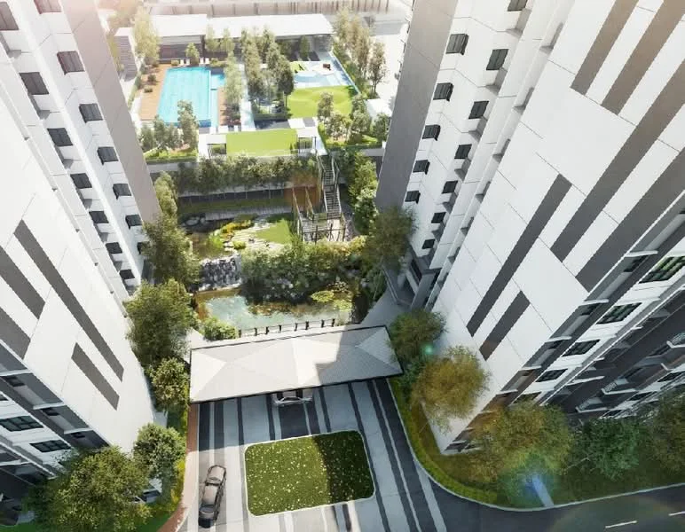 Exterior type: high-rise condominium; features: two high-rise buildings, landscaped garden, swimming pool, water feature, driveway with interlocking pavers, covered entrance, manicured lawn, outdoor seating area, surrounding greenery, modern architectural design; style: modern.