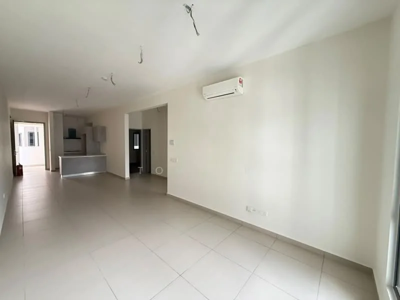 Living features: white painted walls, tile flooring, 1 wall-mounted split AC, recessed downlights, open layout, large windows, neutral color scheme, no visible furniture; style: modern. Kitchen features: kitchen island, tile flooring, white cabinetry, no visible appliances; style: modern.