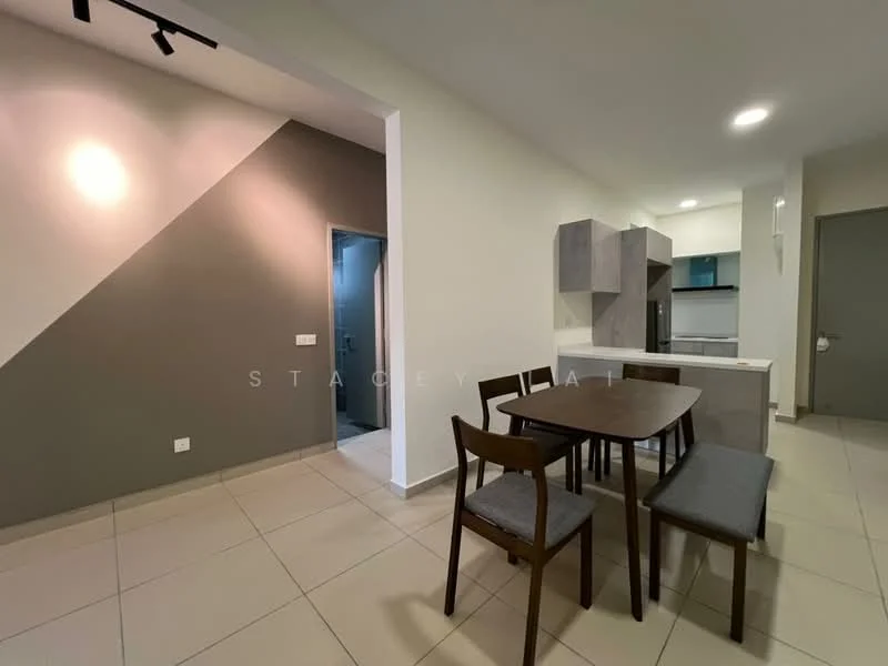Dining features: dining table with 4 chairs, grey upholstered bench, cream tiled flooring, white painted walls, grey accent wall, recessed lighting, open layout to kitchen, doorway leading to hallway; style: modern. Kitchen features: kitchen cabinetry in light grey, stainless-steel appliances, countertop with integrated sink, open layout to dining area; style: modern. Room features: cream tiled flooring, white painted walls, doorway leading to bathroom.