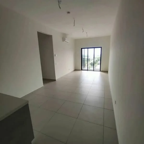 Living features: white painted walls, tile flooring, floor-to-ceiling windows, sliding glass door, 1 wall-mounted split AC, recessed downlights, neutral color scheme, open layout; style: modern; view: city.