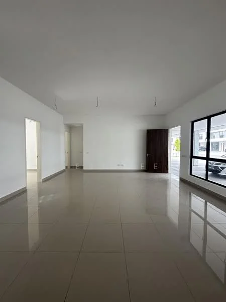 Living features: white painted walls, glossy ceramic tile flooring, large floor-to-ceiling windows, two pendant lights, neutral color scheme, built-in wardrobe, open layout, natural light; style: modern.