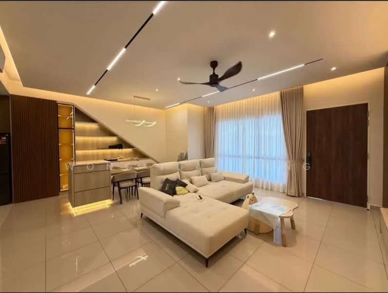 Living features: L-shape sectional sofa in beige, coffee table, wall-mounted TV, dining table with chairs, 5-blade ceiling fan with light, recessed LED downlights, floor-to-ceiling windows with sheer curtains, cream painted walls, glossy tile flooring, decorative wall paneling, wooden door, area rug; style: modern.