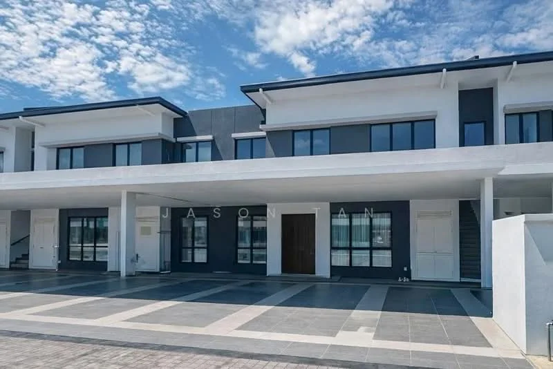 Exterior type: linked terrace house; features: white painted facade, grey accent wall, flat roof, 2-storey building, manicured driveway, paved walkway, large windows, main entrance door, balcony on upper floor, surrounded by blue sky; style: modern.
