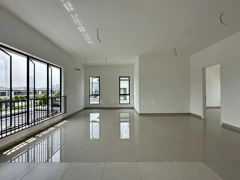 Room features: large floor-to-ceiling windows, white painted walls, polished ceramic tile flooring, multiple ceiling light fixtures, open layout, balcony access, neutral color scheme, high ceilings; style: modern; view: garden.
