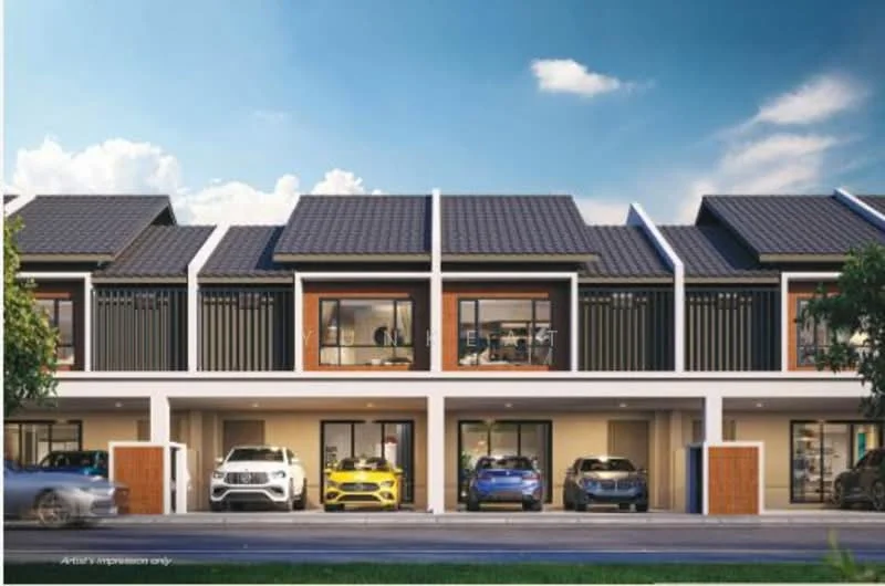 Exterior type: linked terrace house; features: two-storey structure, pitched tile roof, white painted facade, wooden accents on balconies, large glass windows, car porch for multiple vehicles, manicured landscaping in front, driveway with interlocking pavers, modern architectural design, visible outdoor balconies; style: modern.