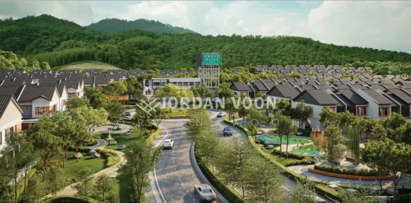 Exterior type: linked terrace house; features: manicured lawn, mature trees, children's playground, landscape garden, paved walkway, multiple storey houses, green hills in background, signage visible, curved road layout, outdoor seating area; style: modern.