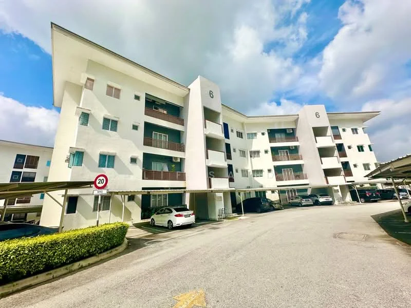 Exterior type: low-rise apartment block; features: white painted facade, flat roof, approximately 3-storey, covered parking, manicured landscaping, car porch with awning, signage with number 6, multiple balconies, windows with grilles; style: modern.