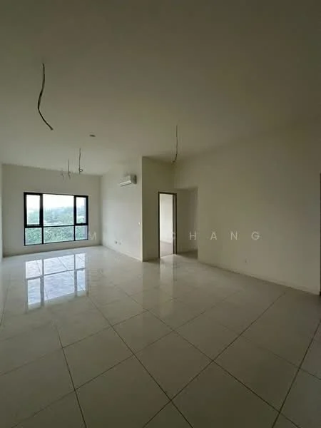Room features: white painted walls, glossy ceramic tile flooring, floor-to-ceiling windows, 1 wall-mounted split AC, recessed downlights, open layout, neutral color scheme, no visible furniture; style: modern; view: garden.