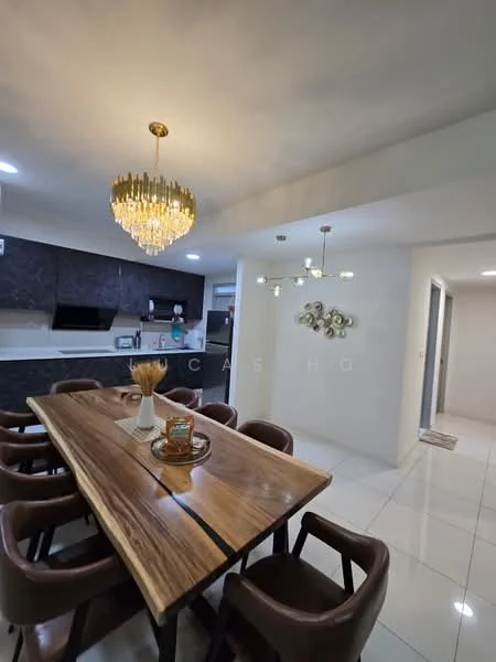 Dining features: wood dining table, 8 upholstered dining chairs, chandelier light fixture, recessed downlights, white tiled flooring, decorative wall art, open layout to kitchen, kitchen cabinetry visible in background; style: modern.
