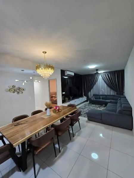 Living features: L-shape sectional sofa in grey, coffee table, TV console, wall-mounted TV, area rug, floor-to-ceiling curtains, recessed LED downlights, ceiling-mounted air conditioning unit; style: modern. Dining features: 6-seater dining table with wooden top, upholstered dining chairs, decorative wall art, chandelier light fixture; style: modern.
