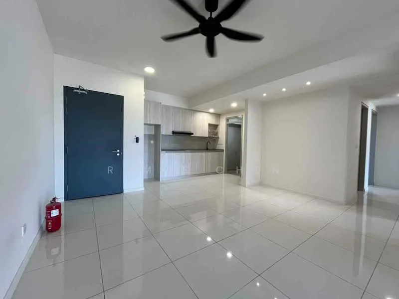 Living features: white painted walls, glossy white tile flooring, 5-blade ceiling fan with light, recessed downlights, kitchen area with cabinetry, stainless-steel sink, built-in oven, fridge, fire extinguisher, open layout; style: modern.