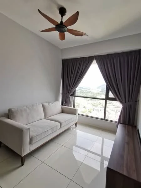 Living features: 3-seater fabric sofa in light grey, floor-to-ceiling windows, grey curtains, white painted walls, polished ceramic tile flooring, ceiling fan with 5 blades, wooden TV console; style: modern; view: city.