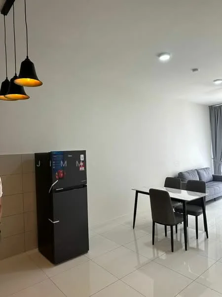 Living features: grey fabric sofa, dining table for 4, black fridge, white tiled flooring, white painted walls, pendant lighting with 3 black shades, floor-to-ceiling windows with sheer curtains, recessed ceiling lights; style: modern.