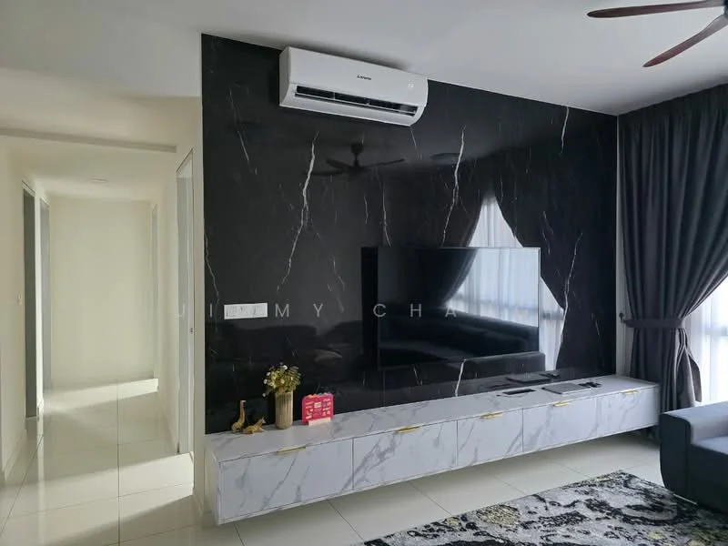 Living features: black marble accent wall, white marble TV console, wall-mounted flat-screen TV, recessed lighting, 5-blade ceiling fan, grey fabric sofa, floor-to-ceiling windows with sheer curtains, tile flooring, decorative items on console; style: modern. Room features: white painted walls, doorway leading to hallway.