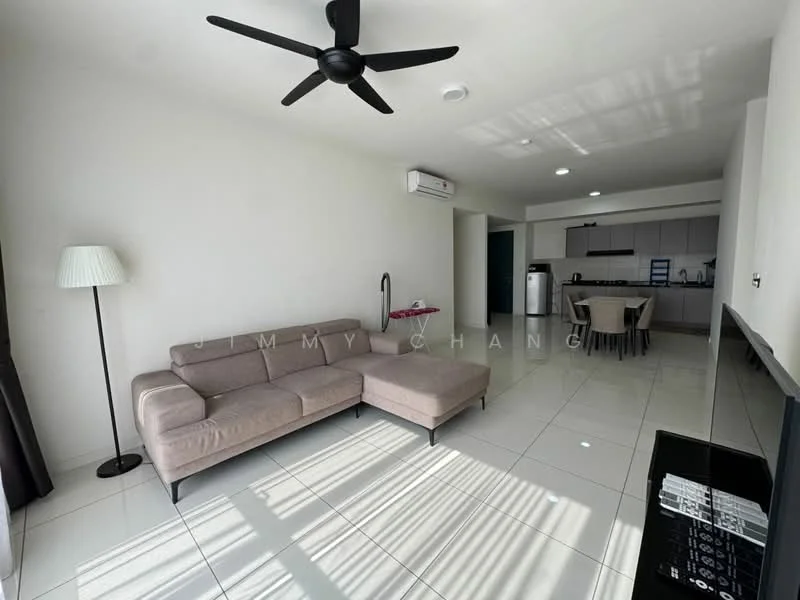 Living features: 3-seater fabric sofa in beige, ceiling fan with light, wall-mounted TV, TV console, dining table for 4, stainless-steel fridge, white painted walls, glossy tile flooring, large windows with natural light, recessed lighting, open layout, decorative floor lamp; style: modern.