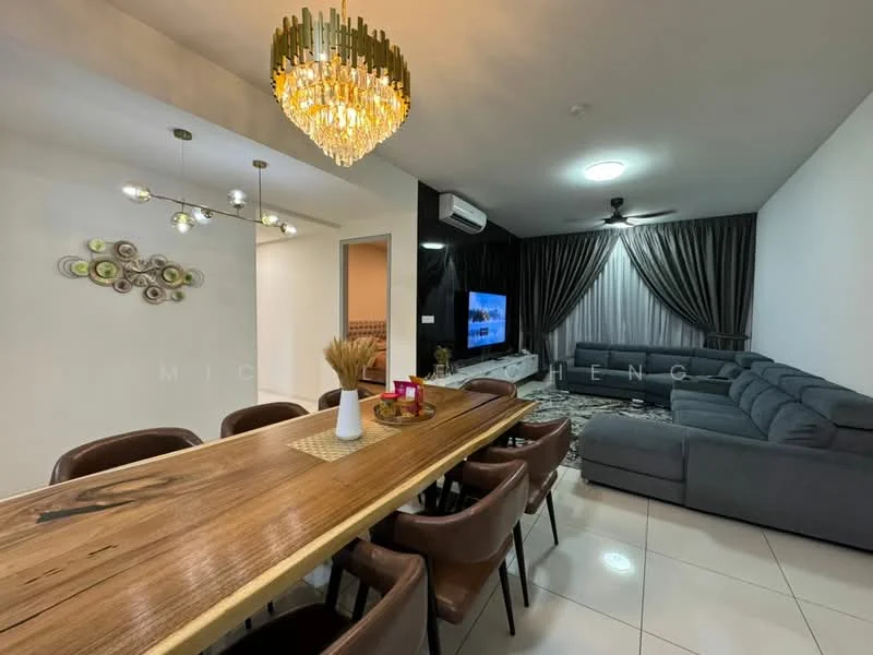 Living features: grey sectional sofa, coffee table, wall-mounted TV, recessed downlights, 5-blade ceiling fan with light, floor-to-ceiling curtains, decorative wall art, area rug with geometric pattern; style: modern. Dining features: long wooden dining table, 8 dining chairs, decorative centerpiece, pendant lighting above table; style: modern.