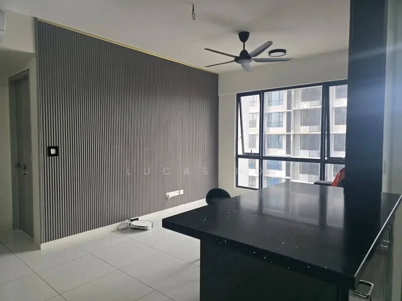 Room features: grey accent wall with vertical stripes, white painted walls, white tile flooring, ceiling fan, large windows with city view, black countertop, open layout, recessed lighting; style: modern; view: city.