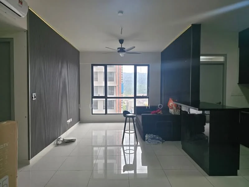 Living features: white painted walls, grey accent wall, polished ceramic tile flooring, 5-blade ceiling fan with light, floor-to-ceiling windows, black kitchen island, bar stool, sofa, decorative cushions, visible mountain view; style: modern; view: mountain.