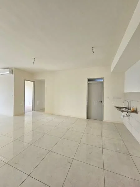 Room features: white painted walls, glossy ceramic tile flooring, recessed downlights, 1 wall-mounted split AC, open kitchen layout, single-bowl stainless-steel sink, kitchen cabinetry, door leading to another room; style: modern.
