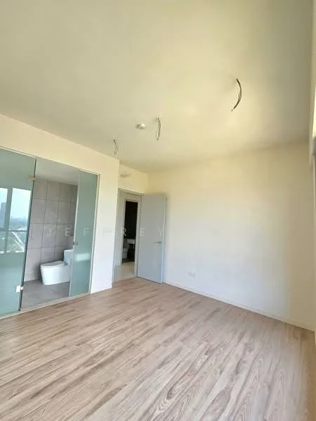 Bedroom features: light wood laminate flooring, white painted walls, ceiling with recessed lighting, sliding glass door, built-in wardrobe with mirrored doors, window with city view, neutral color scheme, no visible furniture; style: modern; view: city. Bathroom features: toilet, neutral tile cladding, separate access from bedroom.