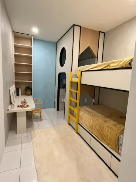 Bedroom features: bunk bed with yellow ladder, single bed with beige bedding, study desk with chair, built-in shelving unit, light grey painted walls, blue accent wall, white tiled flooring, area rug, round window, geometric wall design; style: modern.
