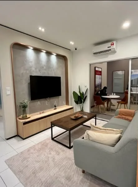 Living features: light grey fabric sofa, wood coffee table, area rug with neutral tones, wall-mounted TV, wooden TV console, decorative wall with grey paneling, recessed lighting, wall-mounted split AC, indoor plant, framed artwork, white painted walls, tile flooring; style: modern.