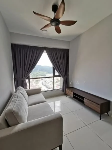 Living features: 3-seater fabric sofa in light grey, floor-to-ceiling windows, mountain view, light grey painted walls, white ceiling, 5-blade ceiling fan with light, ceramic tile flooring, curtains in dark grey, wooden TV console; style: modern; view: mountain.