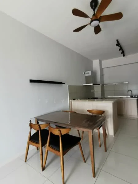 Dining features: 4-seater dining table with glass top, wooden dining chairs with black cushions, white painted walls, recessed downlights, 5-blade ceiling fan, open kitchen layout, tile flooring, kitchen island with seating; style: modern.