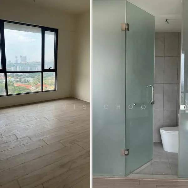 Room features: large floor-to-ceiling windows, city skyline view, light-colored wooden flooring, neutral painted walls, glass shower enclosure, tiled flooring in bathroom, white toilet, modern bathroom fixtures; style: modern; view: city.