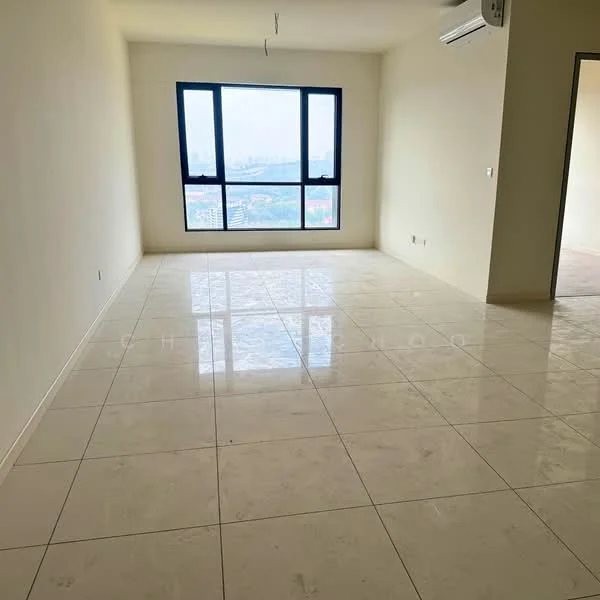 Living features: large floor-to-ceiling windows, white painted walls, polished marble tile flooring, 1 wall-mounted split AC, neutral color scheme, ample natural light, open layout, no visible furniture; style: modern; view: city.