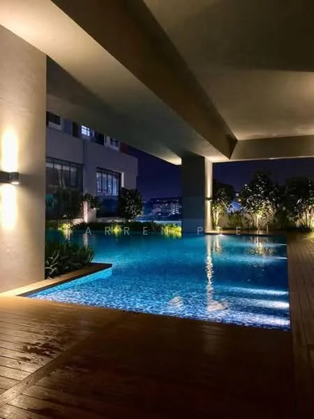 Exterior type: swimming pool deck; features: infinity pool, wooden deck, landscaped garden, night lighting, surrounding greenery, water feature, poolside loungers; style: modern.