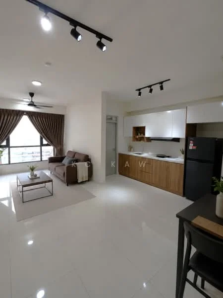 Living features: 3-seater fabric sofa in beige, coffee table, area rug, floor-to-ceiling windows, sheer curtains, 5-blade ceiling fan with light, recessed LED downlights, wall-mounted TV, TV console, decorative plants, white painted walls, glossy tile flooring; style: modern; view: city. Kitchen features: white cabinetry, wooden countertop, stainless-steel fridge, built-in oven, ceramic cooktop, single-bowl stainless-steel sink, chrome pull-down faucet, open shelving, recessed LED downlights, grey tile backsplash; style: modern.